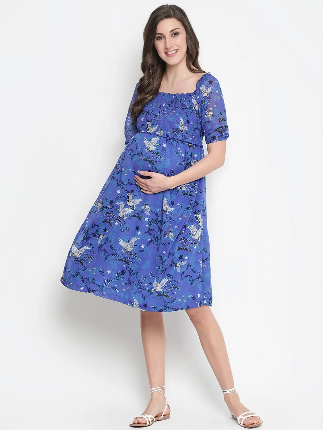 Women's Street Style Casual Wear Oxolloxo Chill Blue Floral Print Maternity Smocked Dress