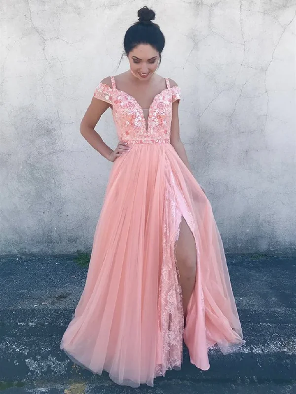 Flash Discount Deep V Neck Off Shoulder Pink Lace Floral Prom Dresses, Off the Shoulder Pink Formal Dresses, Pink Lace Evening Dresses gh2606