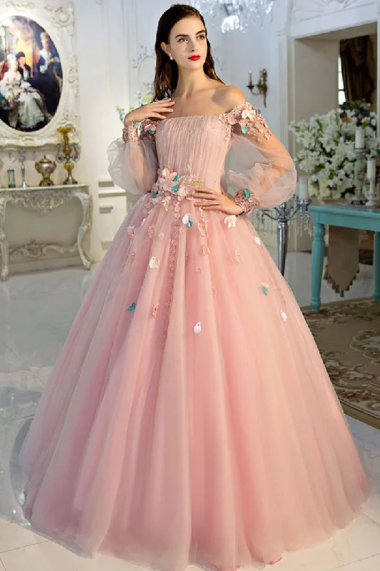 Women's Charming Outfit For Events Pink delicate floral applique fairy long sleeves long tulle ball gown evening dress gh2279