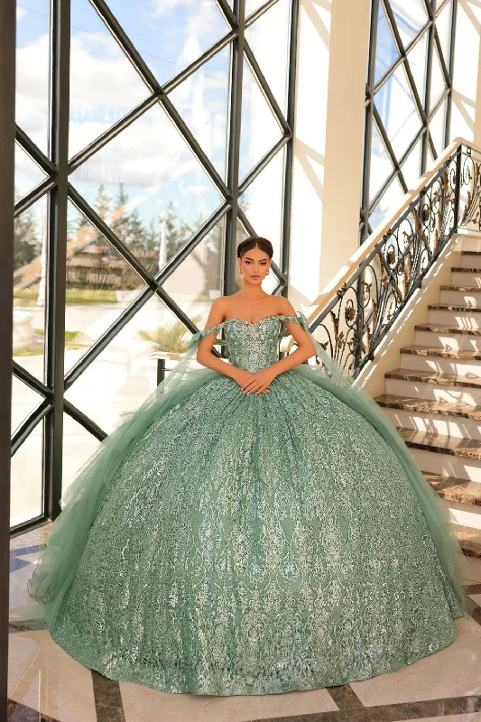 Chic Casual Wardrobe Essentials Amarra 54212 Long Ball Gown Glitter Cape Quinceanera Dress