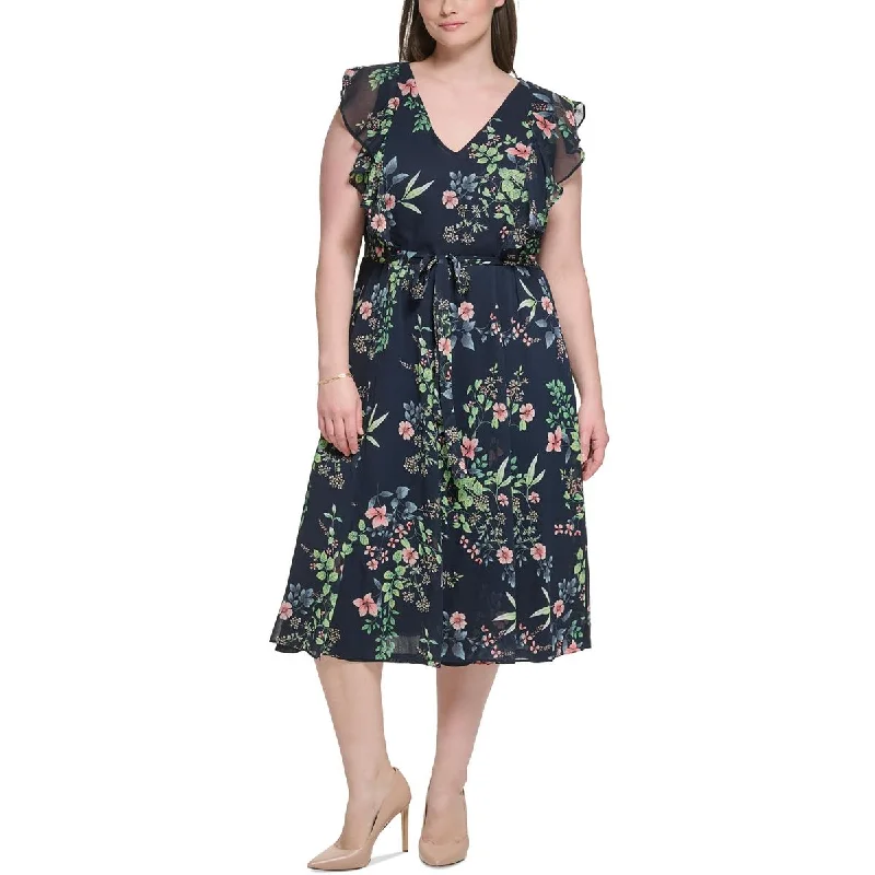 End of Season Sale Tommy Hilfiger Womens Plus Floral Flutter Sleeves Midi Dress