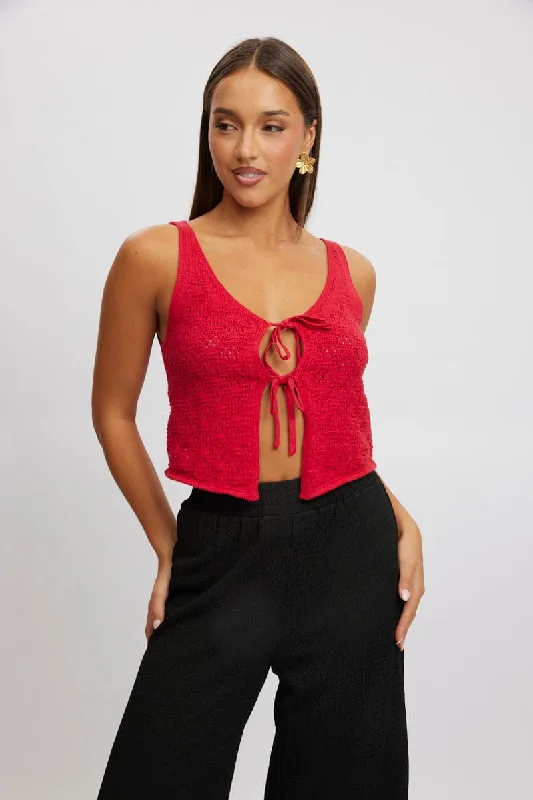 Chic Clothes For Women Red Crochet Knit Vest Tie Up