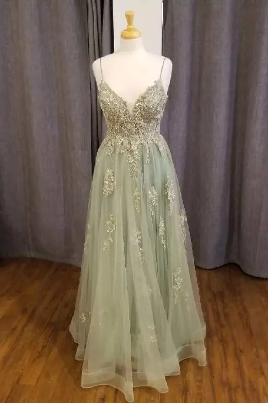 Women's Tops And Clothing Sage Green Floral Appliques Straps A-Line Prom Dress gh2639