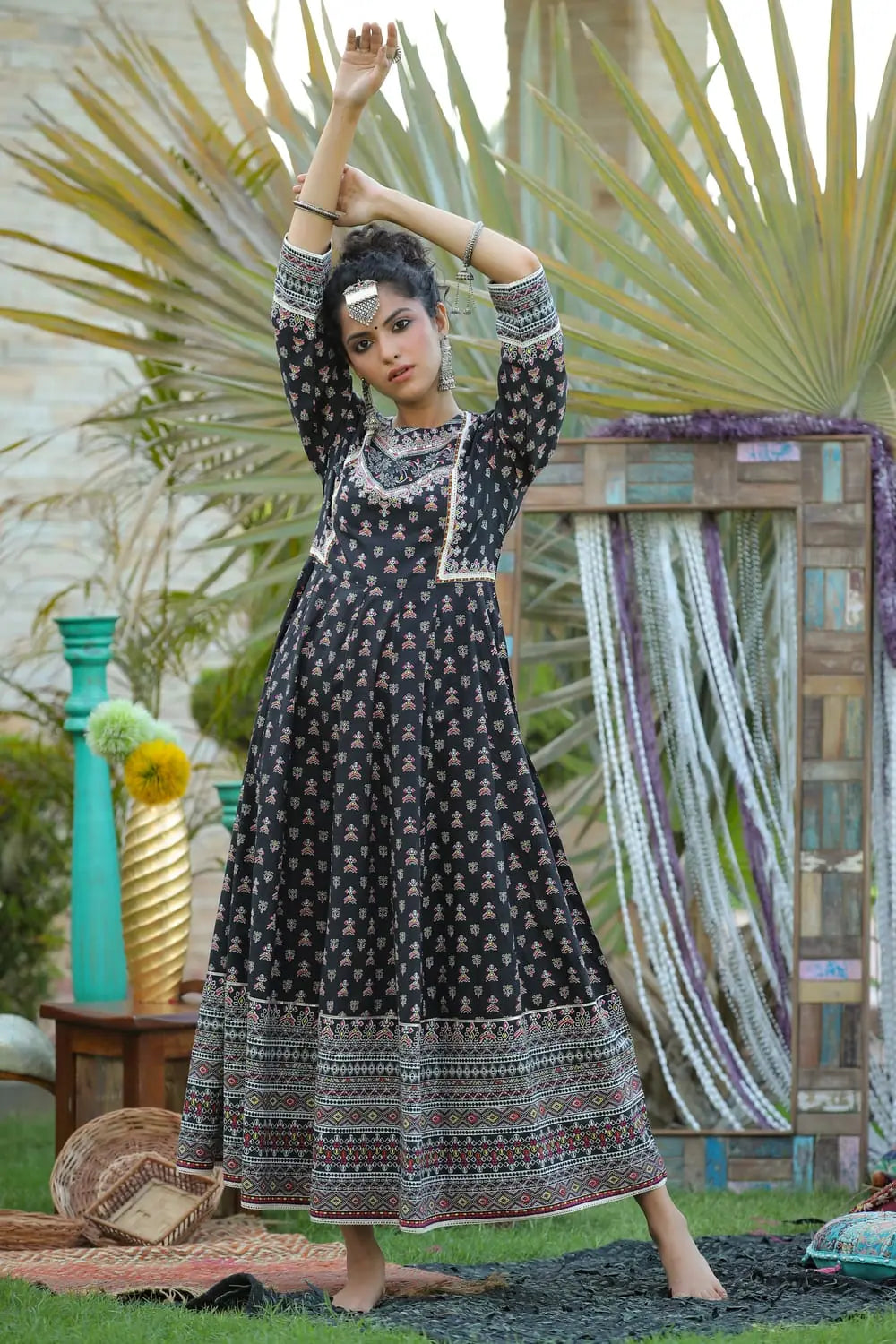 Sales For Clothes Juniper Black Cambric Floral Print Anarkali Kurta Dress With Mask