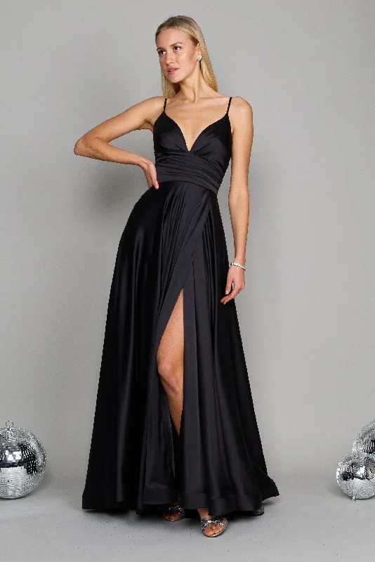 Fashionable Women's Clothing Long Spaghetti Strap Prom Formal Gown Black