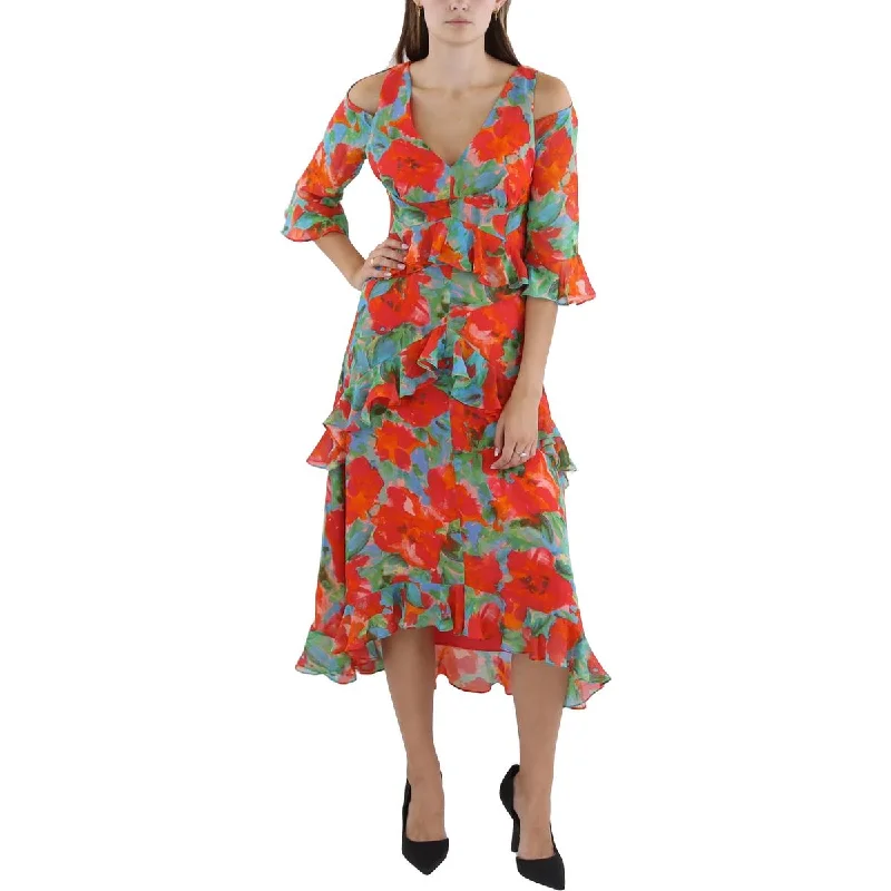 Chic Women's Attire Tahari ASL Womens Floral Print Chiffon Midi Dress