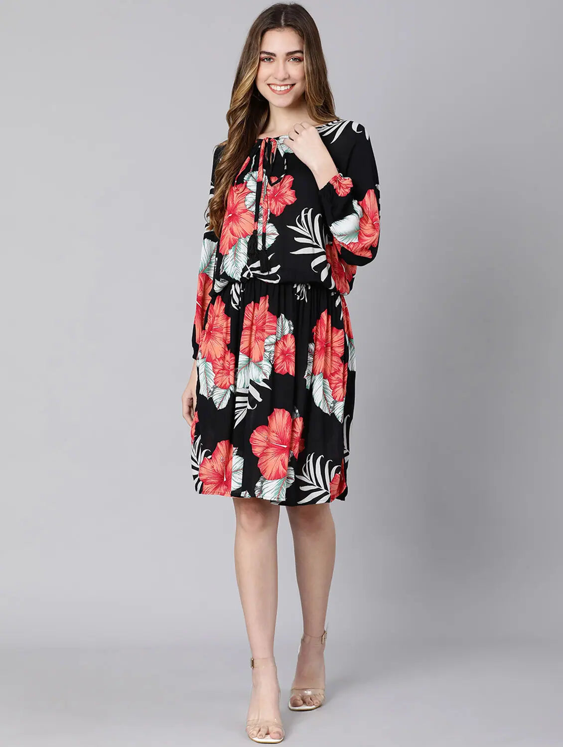 Unique Women's Fashion Pieces Breeza Black Floral Print Elasticated Women Dress