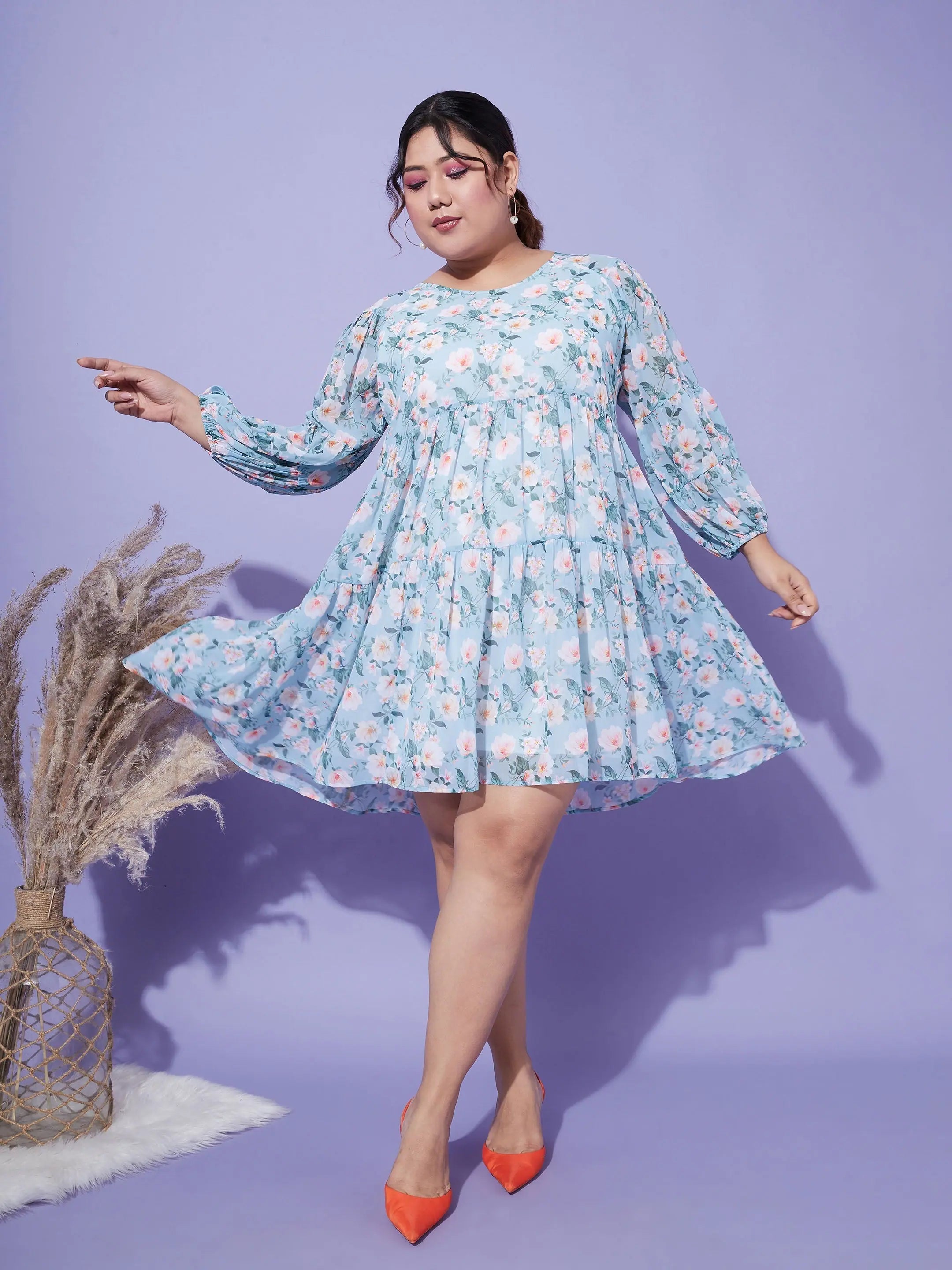 Clothing Woman Women Turquoise Blue Floral Tiered Dress