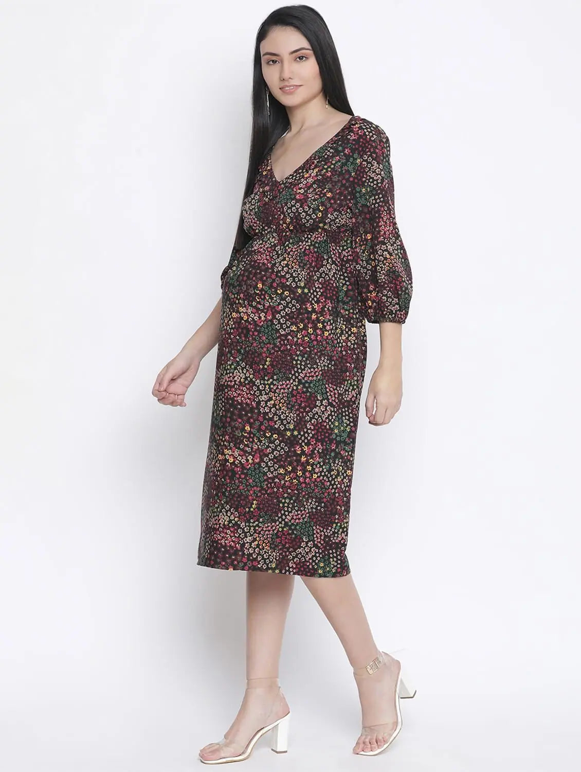 Bold and Elegant Women's Fashion Tenor Floral Print Multicolor Maternity Dress