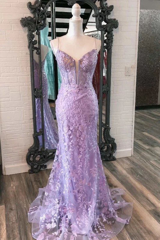 Best Online Women's Boutiques Lavender Floral Appliques Split Neck Mermaid Long Prom Dress gh2595