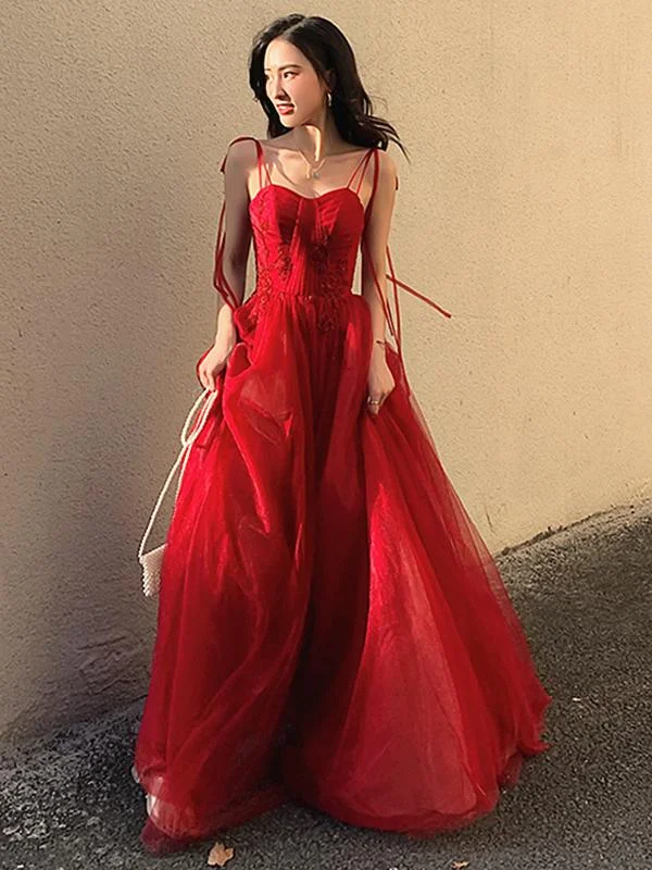 Women's Clothes Red elegant spaghetti straps delicate floral beading long tulle formal prom dress evening gown with back corset gh2550