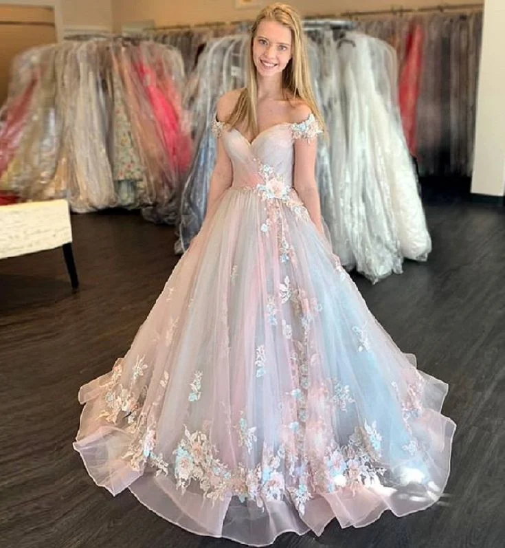 Women's Effortless Casual Outfit Pink strapless delicate floral applique long tulle fairy princess ball gown evening dress coming of age ceremony dress gh2278