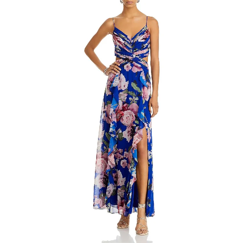 Women's Weekend Outfit Aqua Womens Floral Print Ruched Maxi Dress