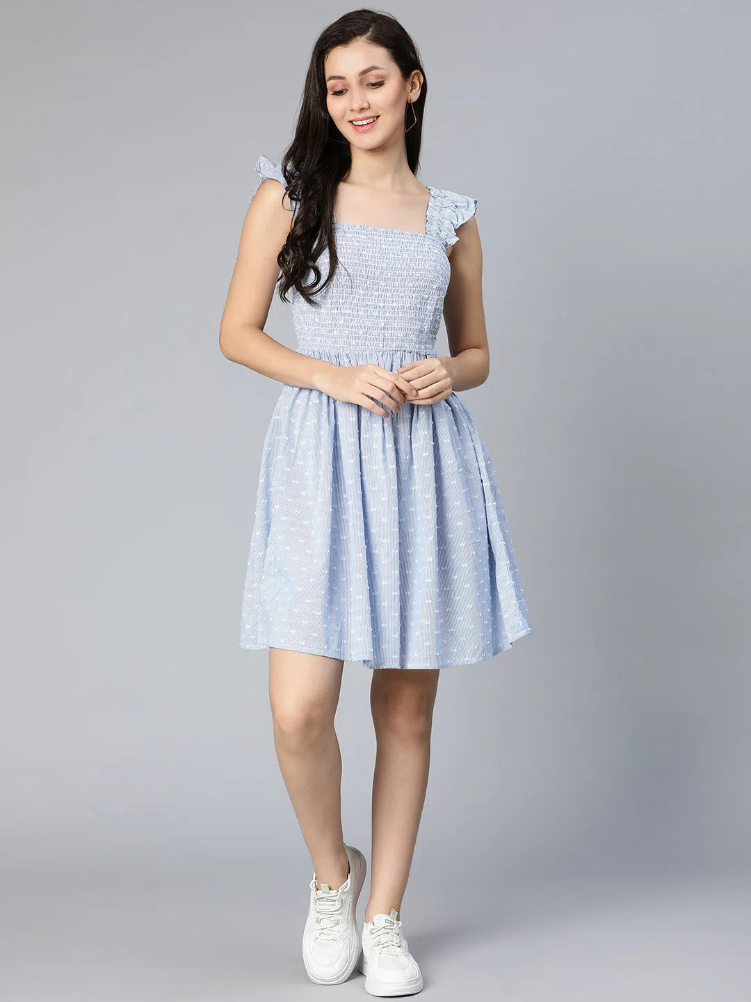 Women Wear Brands Queeny Blue Floral Printed Smocked Women Dress