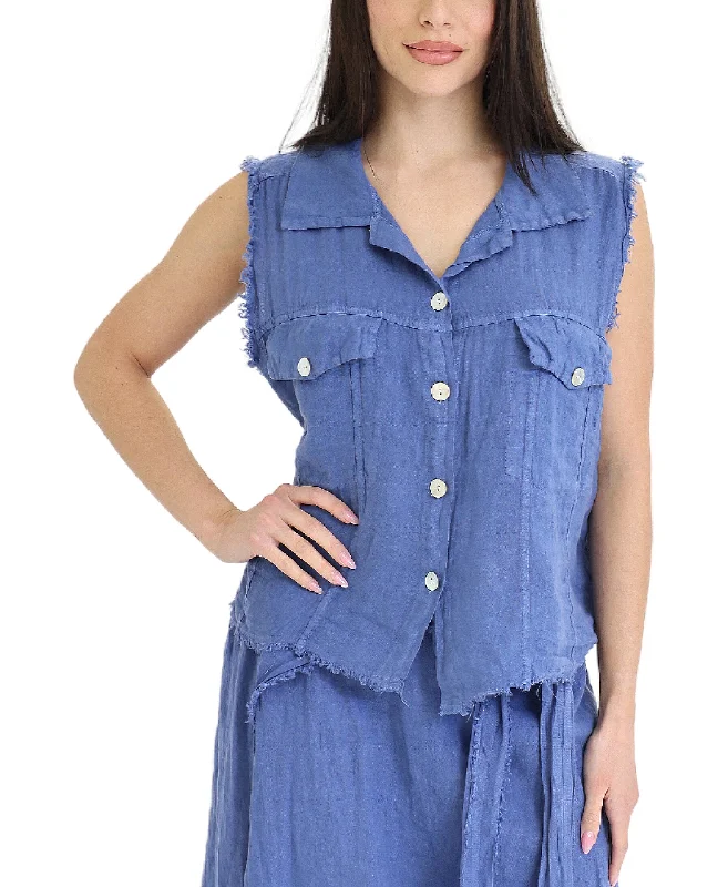 Vintage-Inspired Women's Apparel Linen Vest w/ Frayed Edges