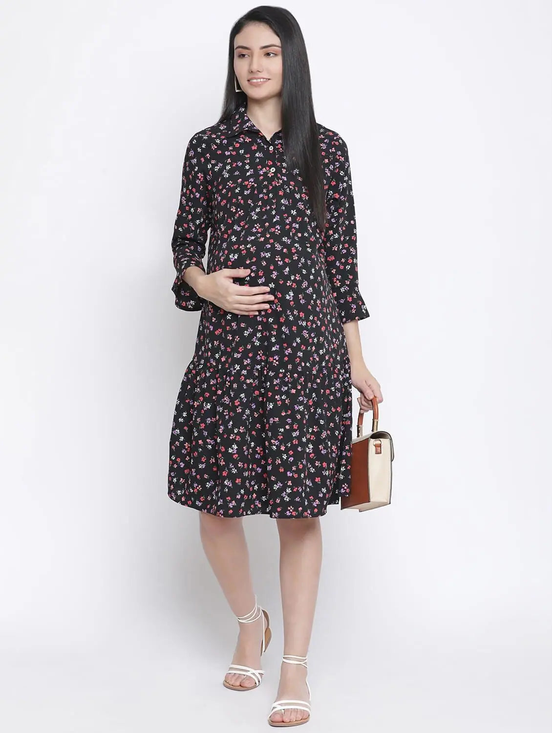 Chic Women's Clothing for Work and Travel Slate Black Floral Print Maternity Dress