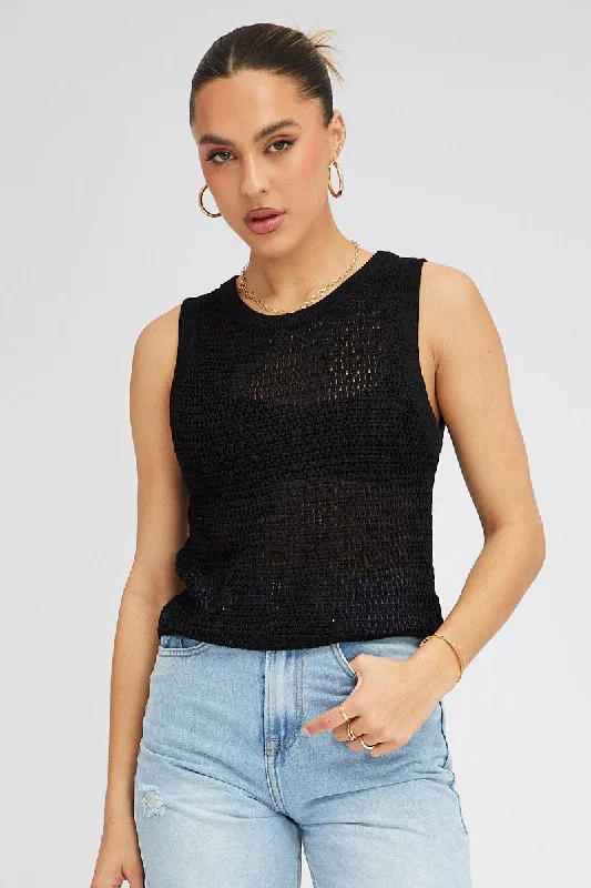 Comfortable Women's Clothes Black Crochet Knit Vest Crew Neck