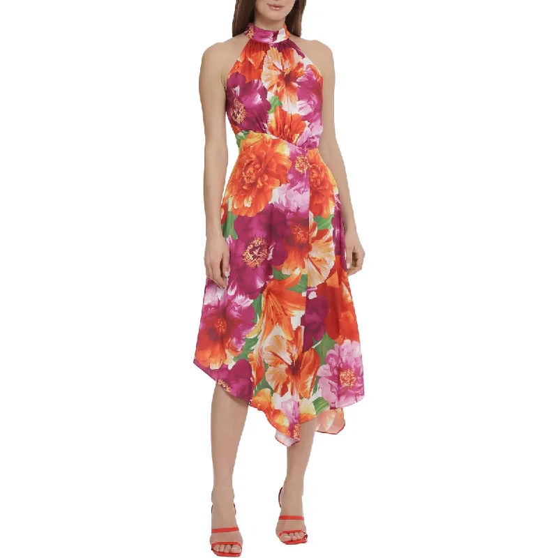 Women's Holiday Outfit Maggy London Womens Asymmetric Floral Halter Dress