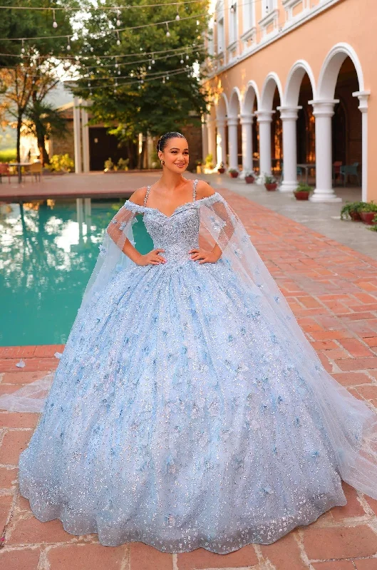 Unique Women's Fashion Pieces Amarra 54308 Long Ball Gown Cape Sleeve Quinceanera Dress