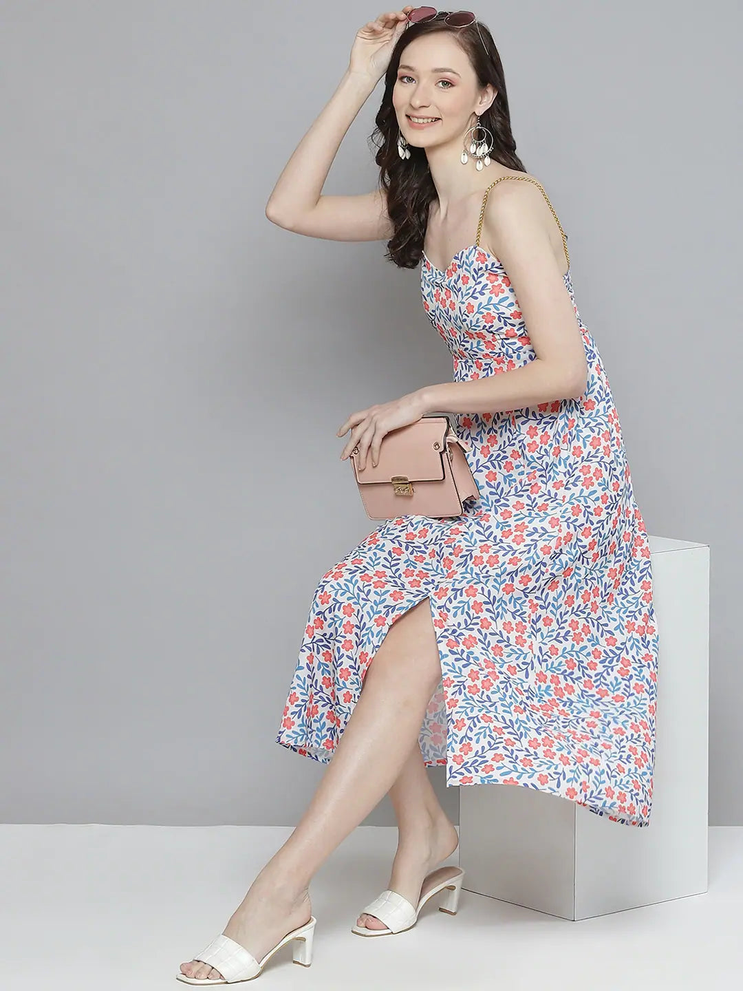 Women's Seasonal Wardrobe Clothing Women White Ditsy Floral Strappy Side Slit Dress