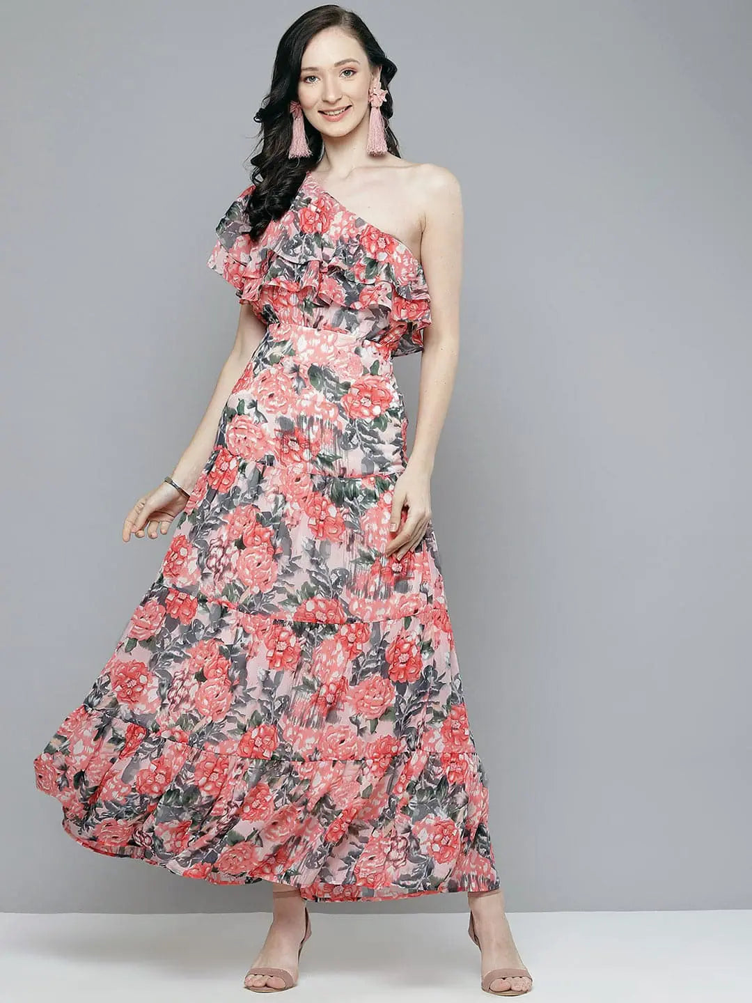 Affordable Fashion Clothing For Women Women Peach Floral One Shoulder Maxi Dress