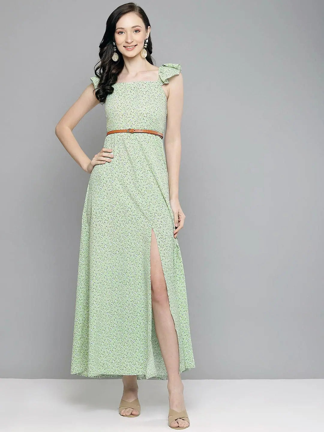 Women's Contemporary Clothing Women Green Floral Bardot Belted Maxi Dress