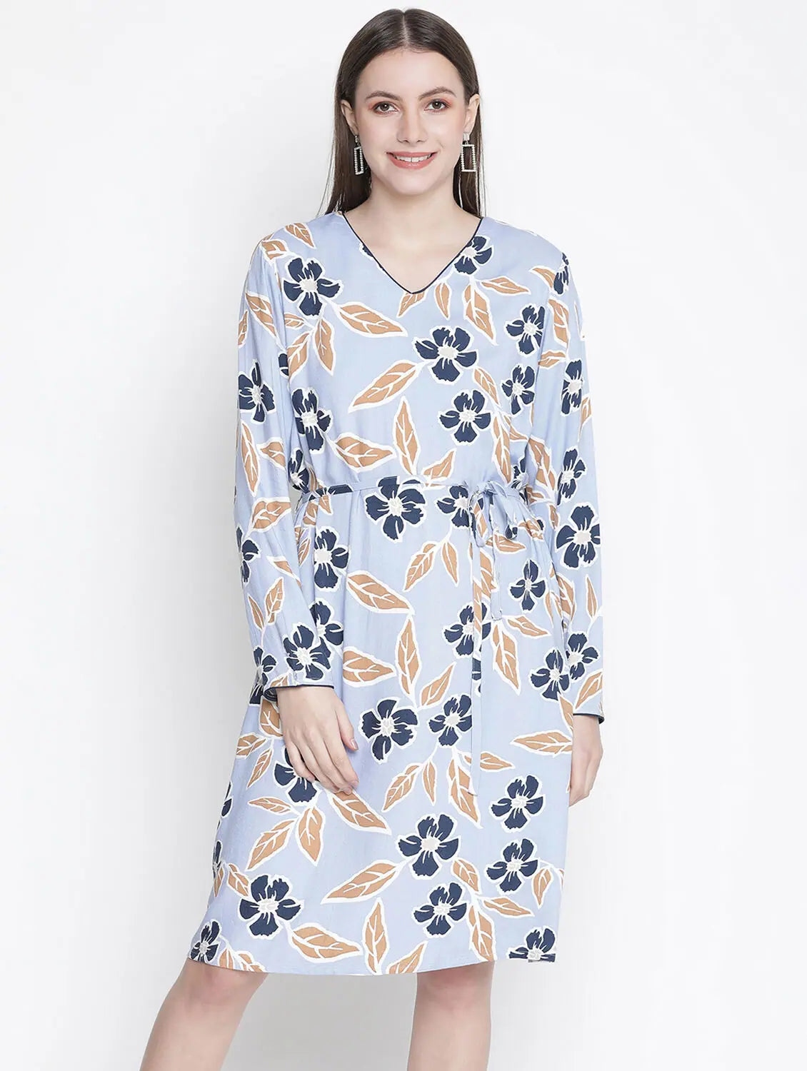 Modern Women's Apparel Flared Blue Floral Print Elasticated Women Dress