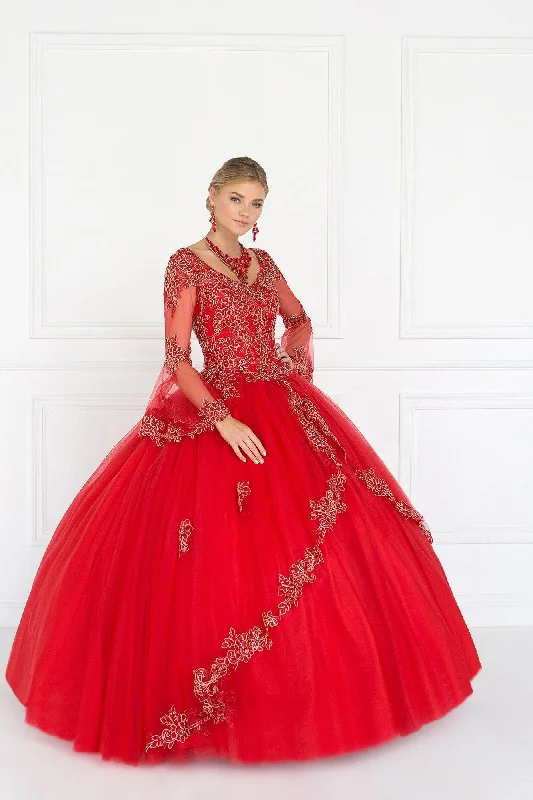 Sale Clearance Quinceanera V-Neck Ball Gown Dress with Bell Sleeves