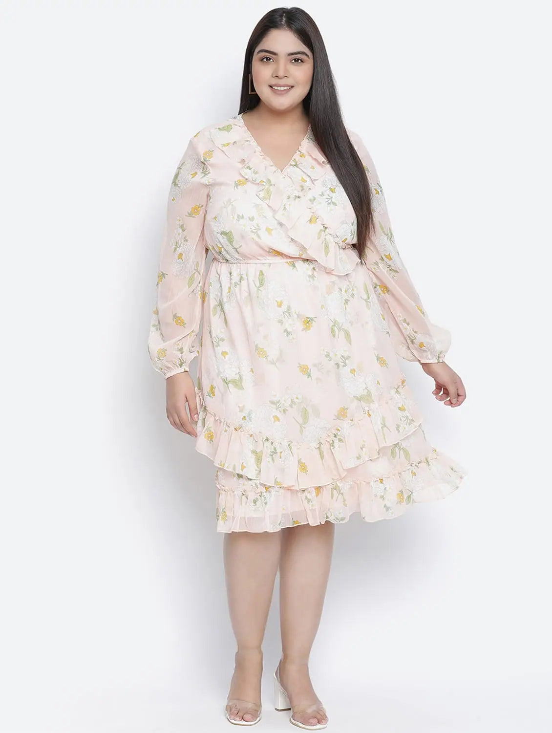 Workwear Fashion for Women Peach Bnez Floral Print Plus Size Women Dress