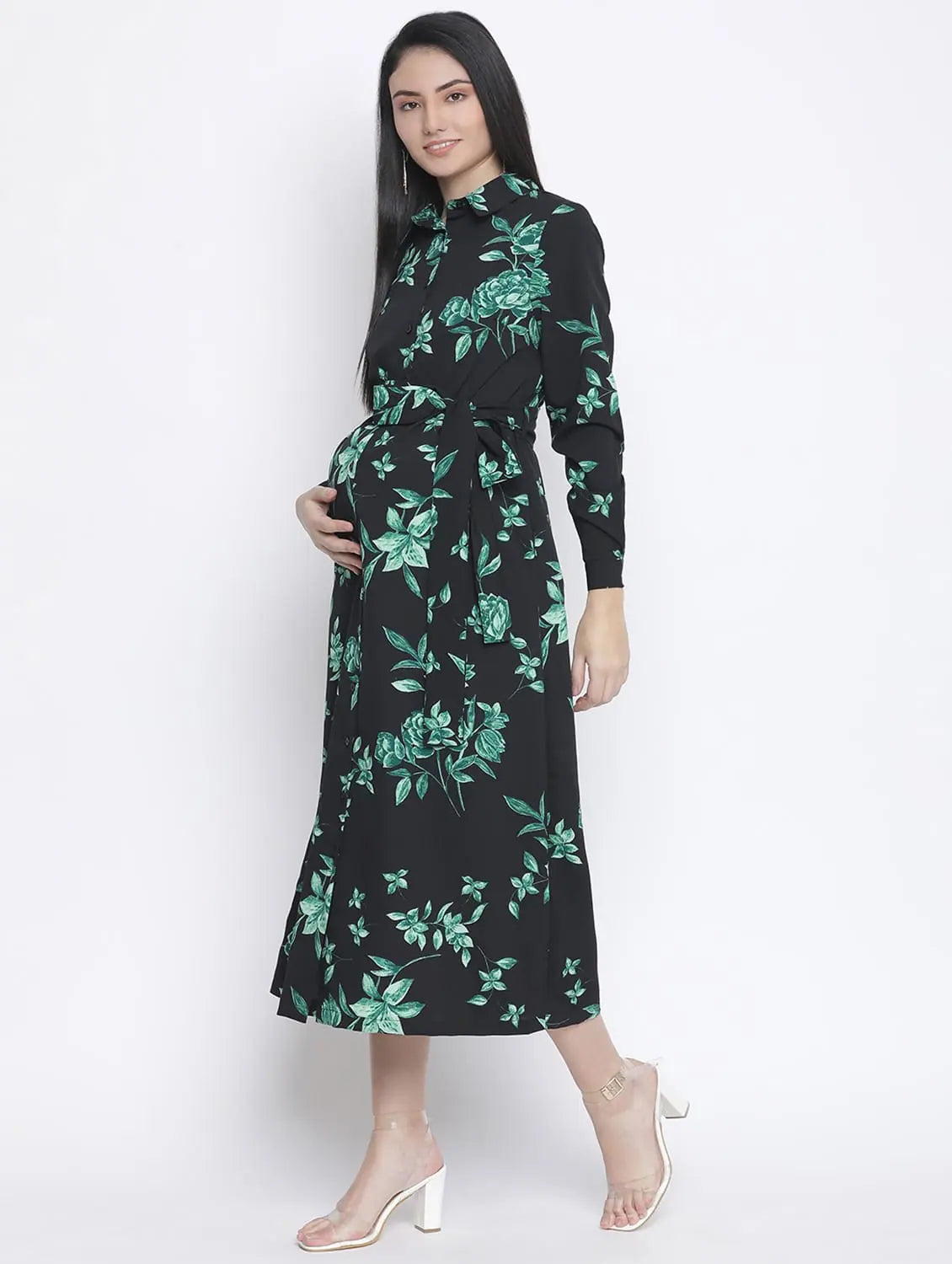 Contemporary Women's Clothing Tora Black Floral Print Long Maternity Dress