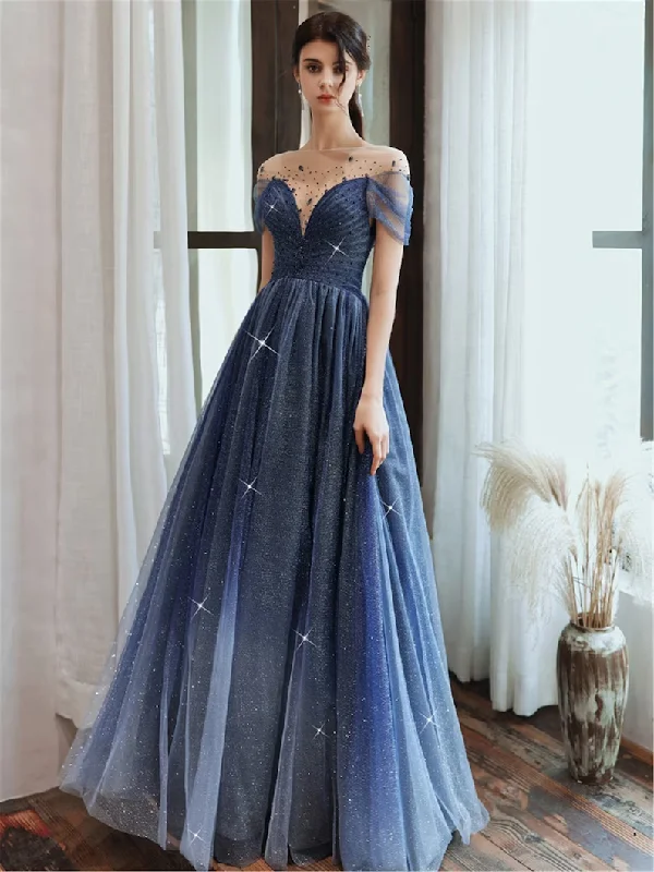 Women's Clothing With Trendy Designs Starry Blue Prom Dress Off Shoulder Floral Event Dress Sparkling Long Party Dress Aline Event Dress Gradient Long Dress Fairy Glitter Dress gh2637