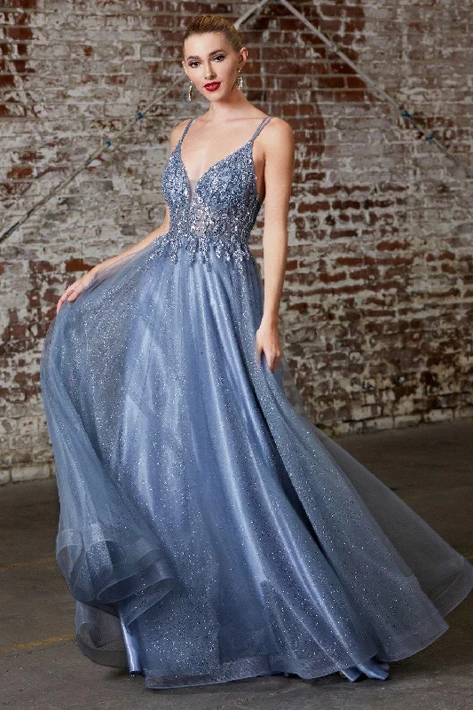 Women's Professional Outfit Cinderella Divine CD0154 Long Formal Ball Gown Prom Dress Smoky Blue