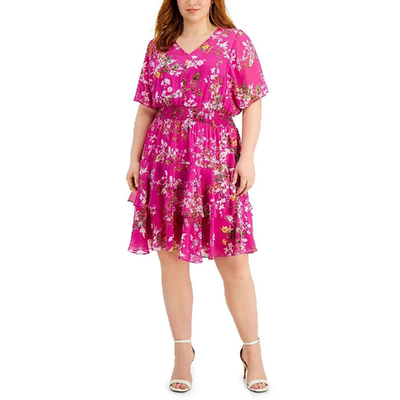 Women's Clothing Online Taylor Womens Plus Floral Tiered Fit & Flare Dress