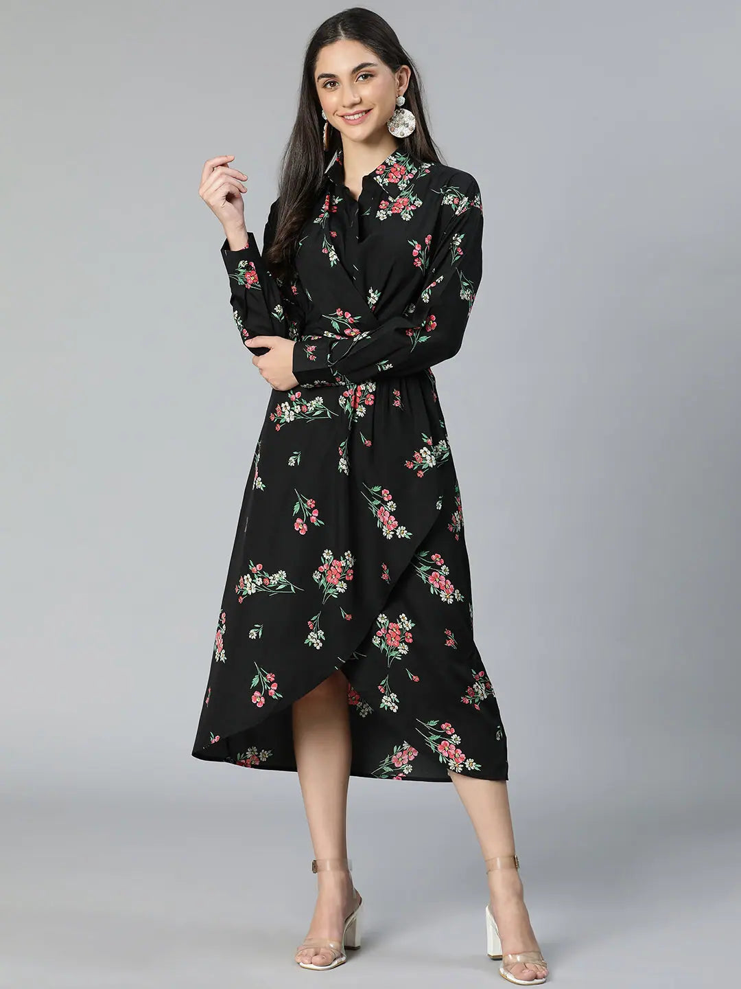 Affordable Online Boutique All-In Black Floral Print Overlapped Women Dress