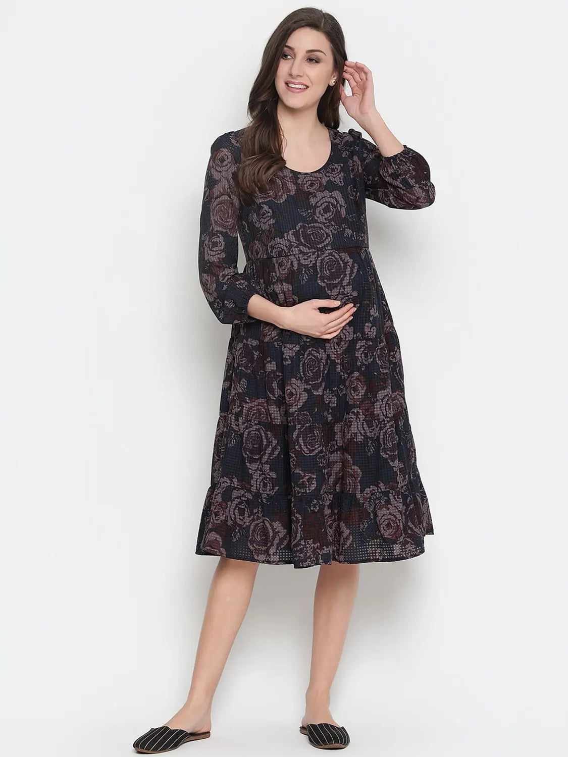 Casual Dresses for Women Oxolloxo Grey Floral Print Falred Maternity Dress