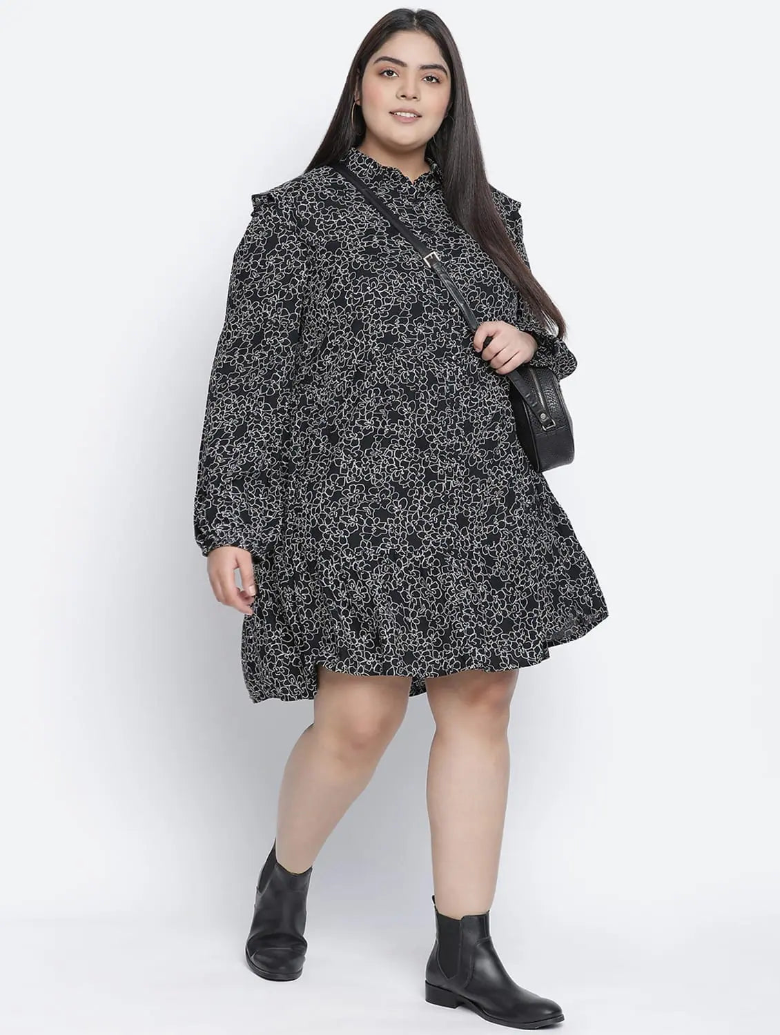 Woman Clothing Jabllic Black Floral Printv Button Down Plus Size Dress