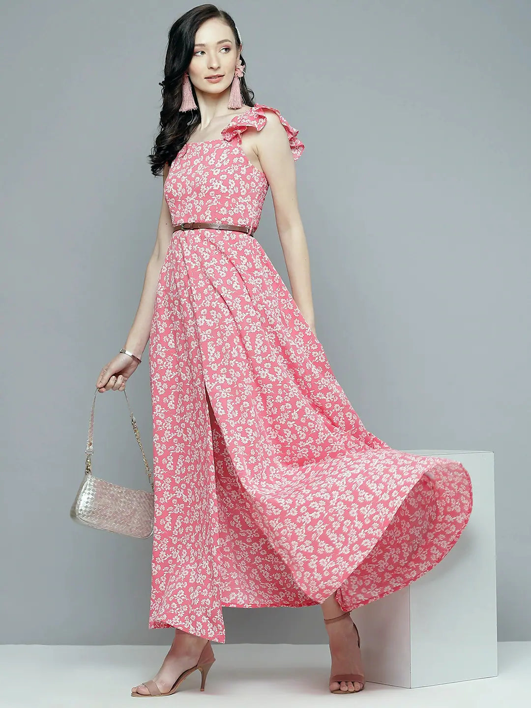 Women's Fashionable Clothing Sets Women Pink Floral Bardot Belted Maxi Dress