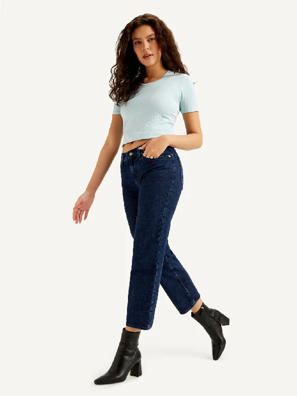 Casual Fashion for Women Women's Mid Rise Loose Fit Dark Blue Jeans