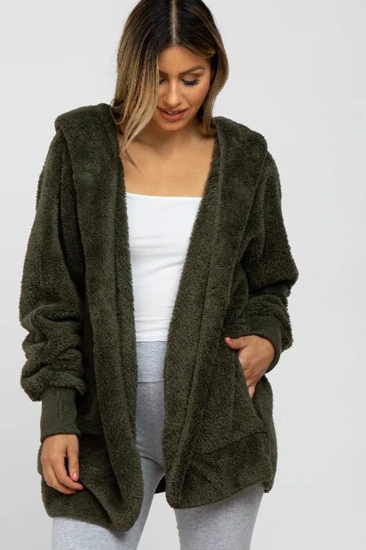 Timeless Women's Clothes Olive Fuzzy Hooded Long Sleeve Maternity Jacket