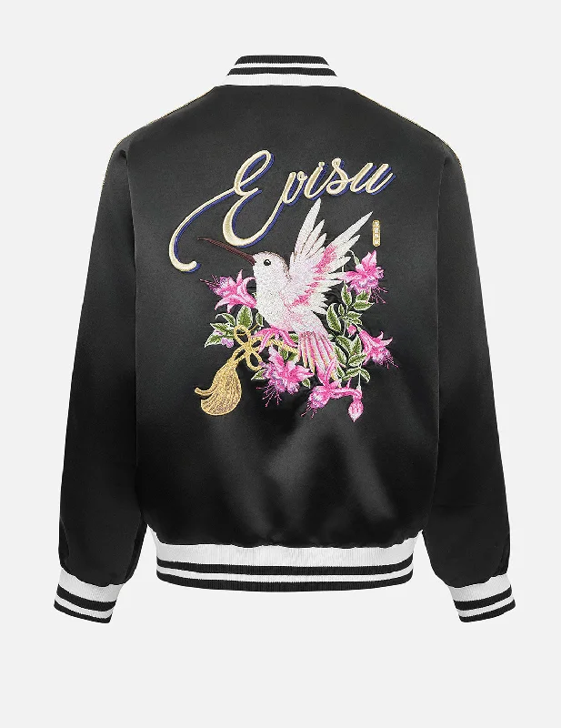 Fashionable Women's Wardrobe Hummingbird and Magnolia Flower Embroidery Loose Fit Souvenir Jacket