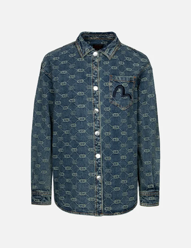 Modern Women's Apparel Allover Logo Jacquard and Seagull Embroidery Boyfriend Fit Denim Shirt Jacket