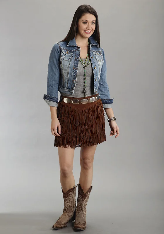 Women's Stylish Outerwear Stetson Womens Brown Mid Length Suede Leather Skirt Western Fringe Cowgirl