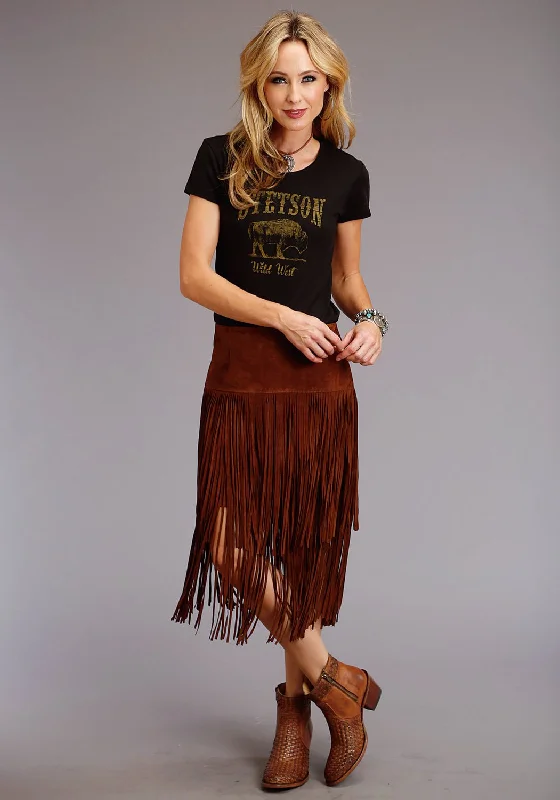 High-Quality Women's Fashion Dresses Stetson Womens Long Fringe Brown Leather Skirt