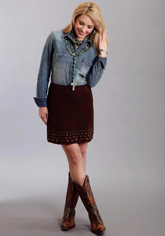 Outfits For Women Stetson Ladies Brown Leather Nailheads Suede Lamb Skirt