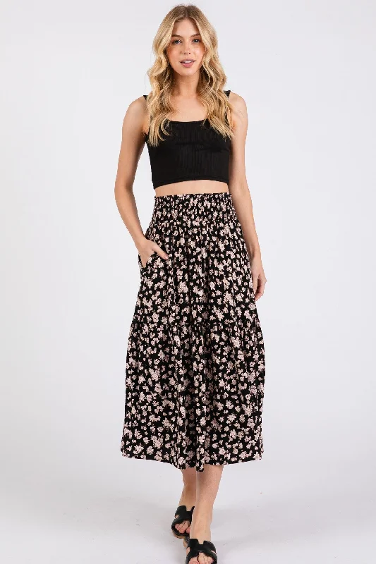 Women's Office Clothing Black Floral Tiered Midi Skirt