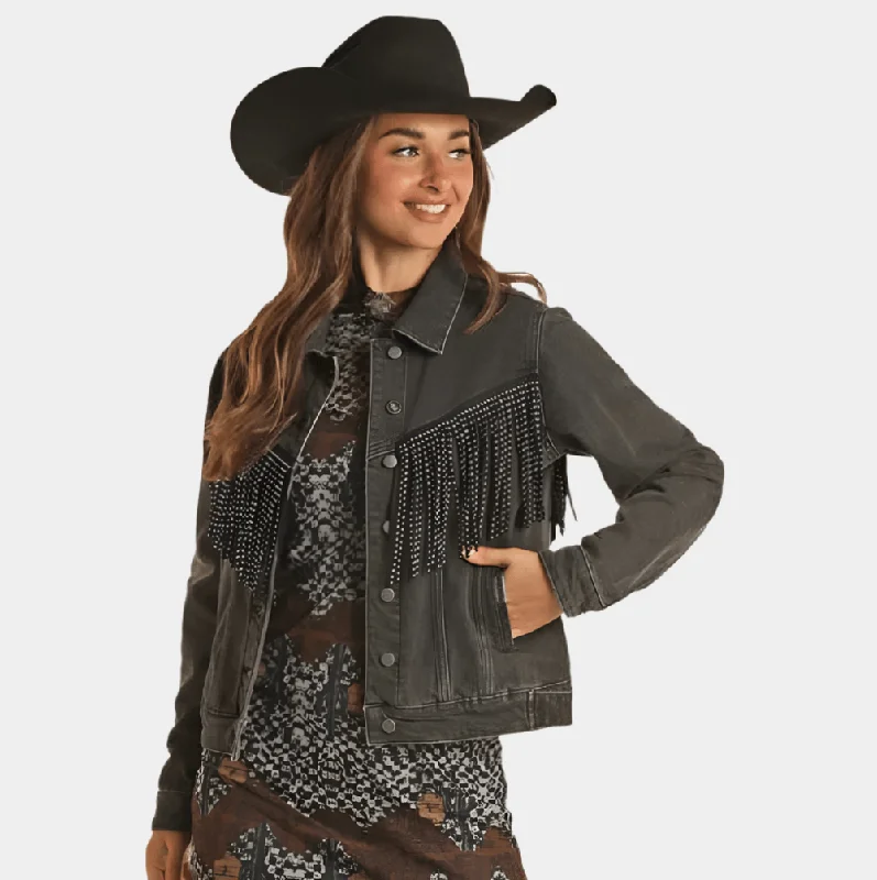 Women's Clothing For Special Occasions Rock and Roll Denim Black Fringe Jacket