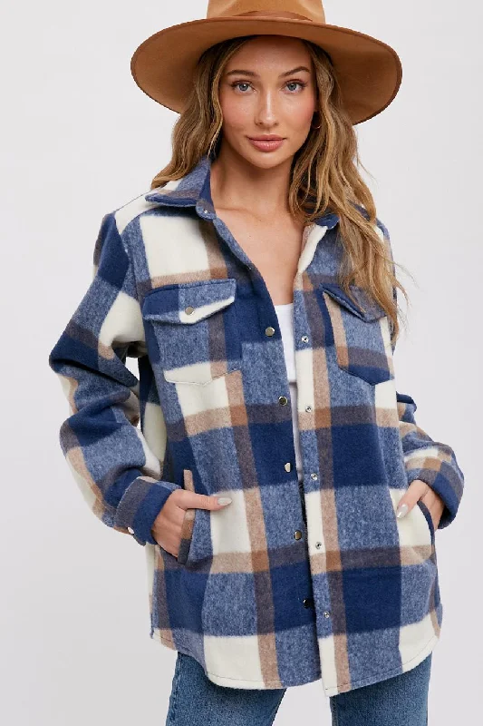 Women's Sporty Clothes Navy Plaid Fleece Shirt Jacket