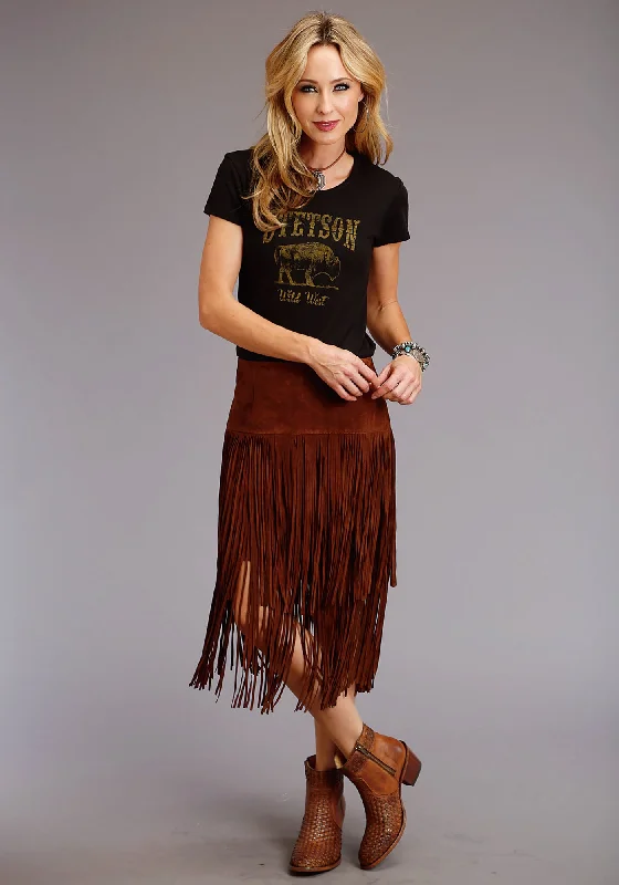 Flash Sales This Week Stetson Womens Brown Leather Lamb Suede Fringe Skirt