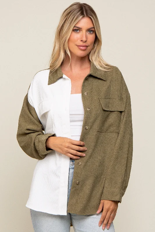 Women's Holiday Clothes Olive Color blocked Courdoroy Button Down Top