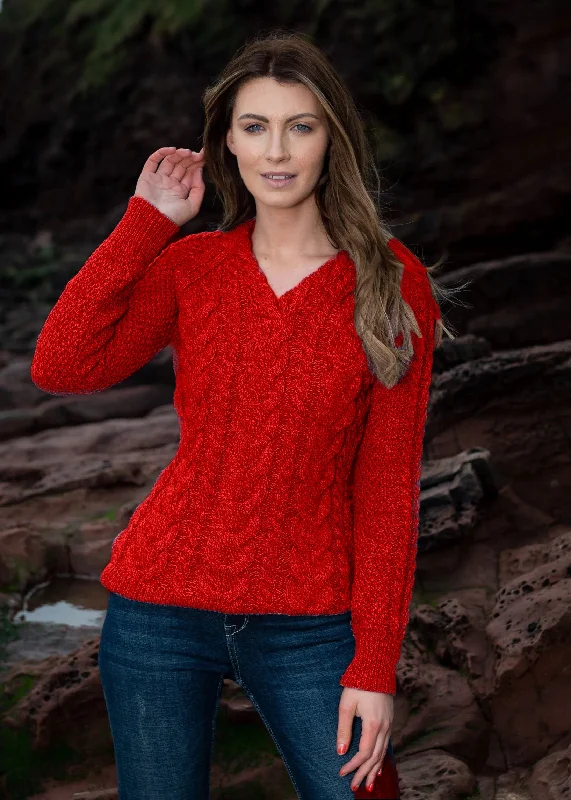 Clothing Store Aran V Neck Cashmere Sweater | Red